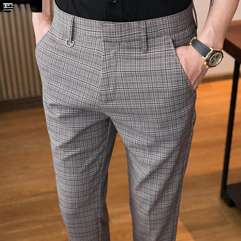 2023 Men Spring New Business Casual Suit Pants Male Slim Fit Social Suits Pants Men Stretch Streetwear Plaid Trousers