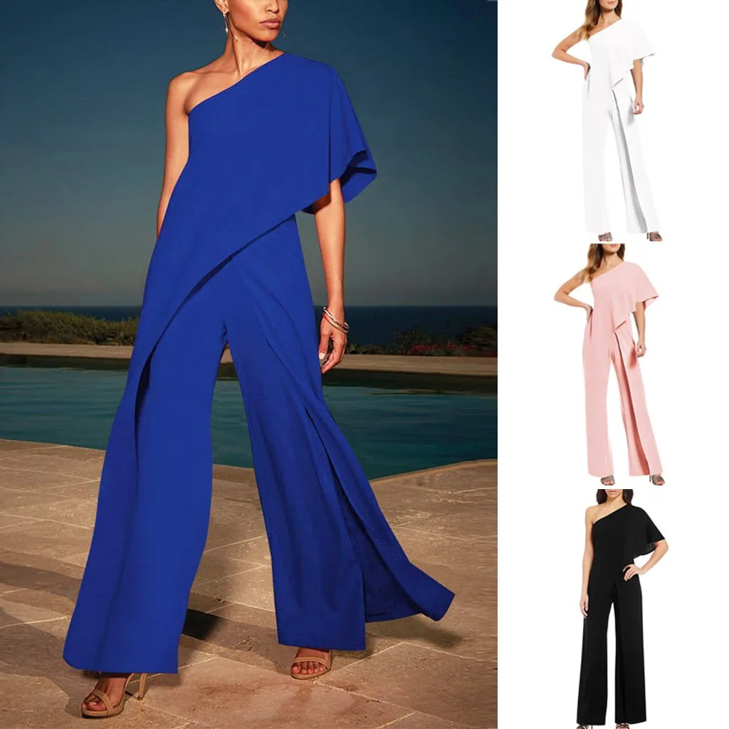 Ladies elegant Jumpsuits Solid Cold sloping shoulders Jumpsuit  Party Playsuit temperament Wide leg Trouser ropa mujer juvenil