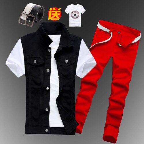 Mens Boys Casual Denim Vest Sleeveless Waistcoat Summer Jeans Pants Trousers Slim Fit Two Piece Set Summer