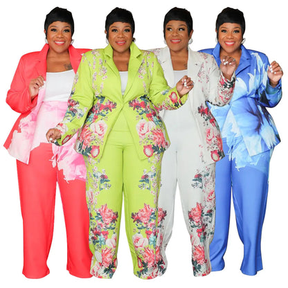CM.YAYA Plus Size Women's Set Long Sleeve Floral Print Blazer +Wide Leg Pants Suit  Fall Two 2 Piece Set Outfits Tracksuit