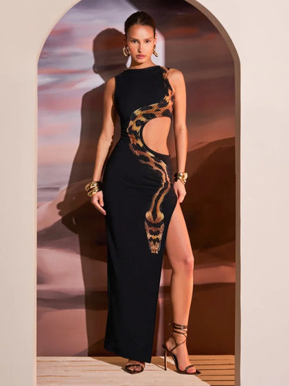 Fashion Black Snake Printed Hollow Out Long Dress Women Sexy O Neck Sleeveless High Split Slim Robes  Lady Party Night Gowns