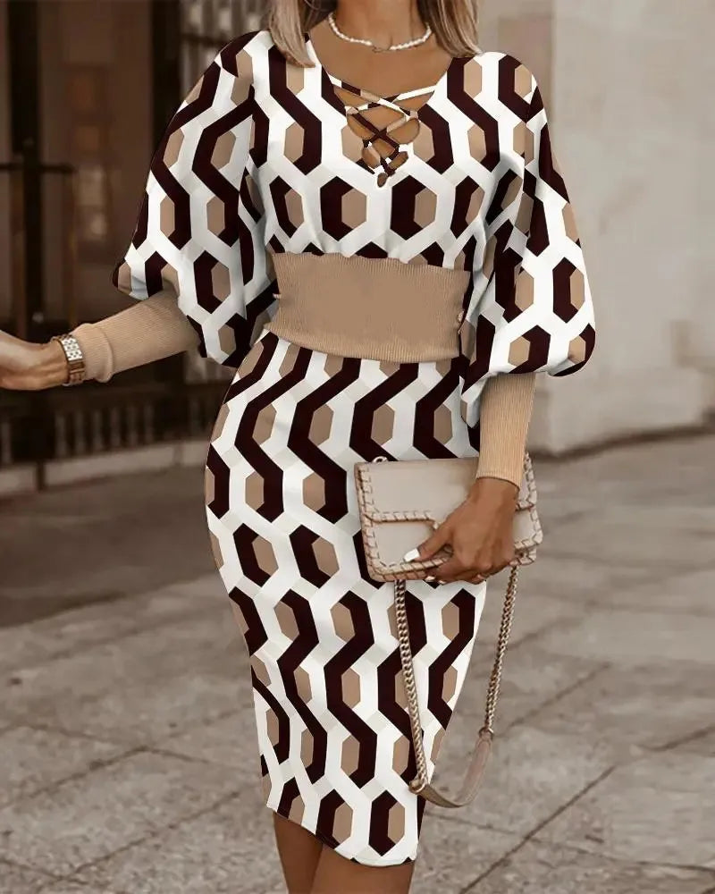 Elegant Long-sleeved V-neck Waist Dress For Women Fashionable Autumn Winter Slim Vintage Printing Hip-covering Dresses Female