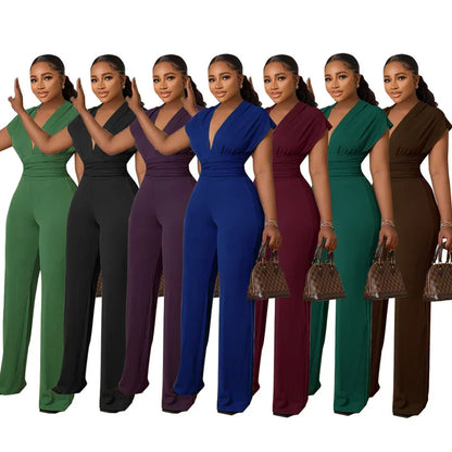New Fashion Simple and Elegant Low Cut Solid Color Waist Women's Jumpsuit