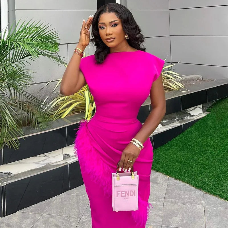 Women Dresses O Neck Pullover Solid Sexy Wrap Buttocks Vestidos Ankle Length Office Lady Dress Slim Fit Sheath Feathers