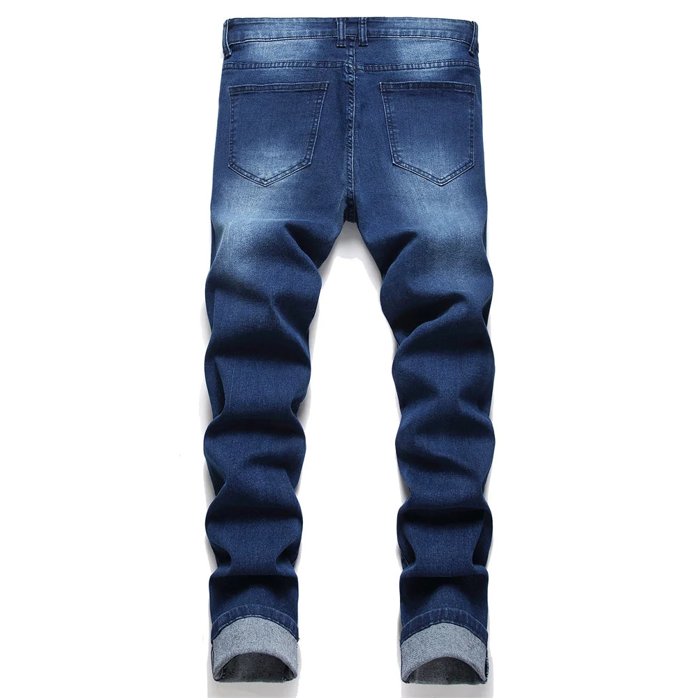 Men Splicing Holes Retro Blue Biker Skinny Jeans Pants Hip Hop Street Style Male Stretch Denim Trousers For Men's