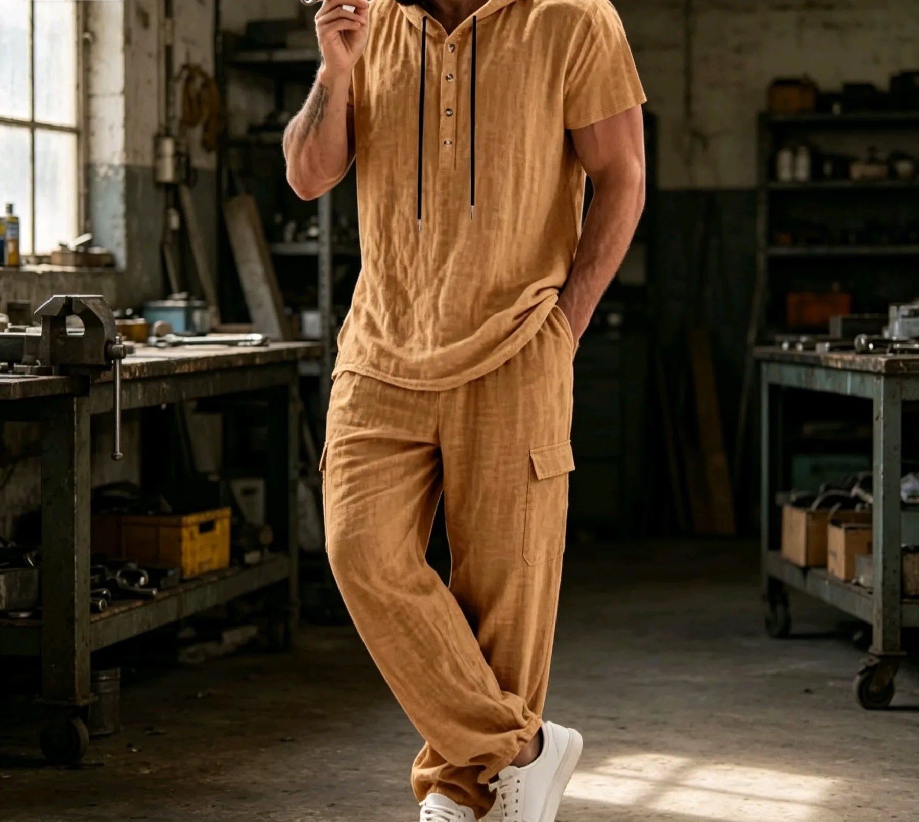 Men's Summer Casual Linen 2 Piece Outfit Short Sleeve Hoodie & Loose Pants Set Breathable Tracksuit for Beach Daliy Streetwesr