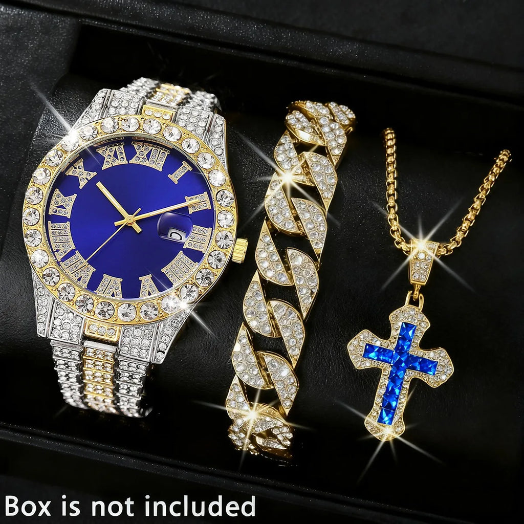 3PCS Luxury Full Diamond Men Watch Bracelet Necklace Set Fashion Hip Pop Men's Calendar Quartz Watches Reloj Mujer?Without Box?