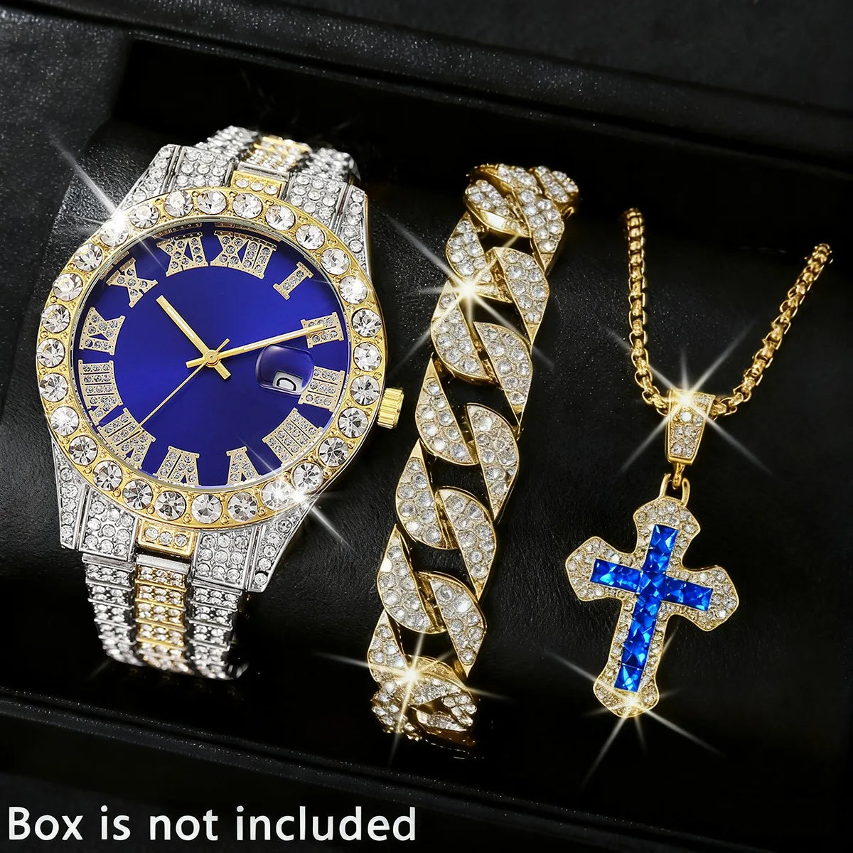 3PCS Luxury Full Diamond Men Watch Bracelet Necklace Set Fashion Hip Pop Men's Calendar Quartz Watches Reloj Mujer?Without Box?