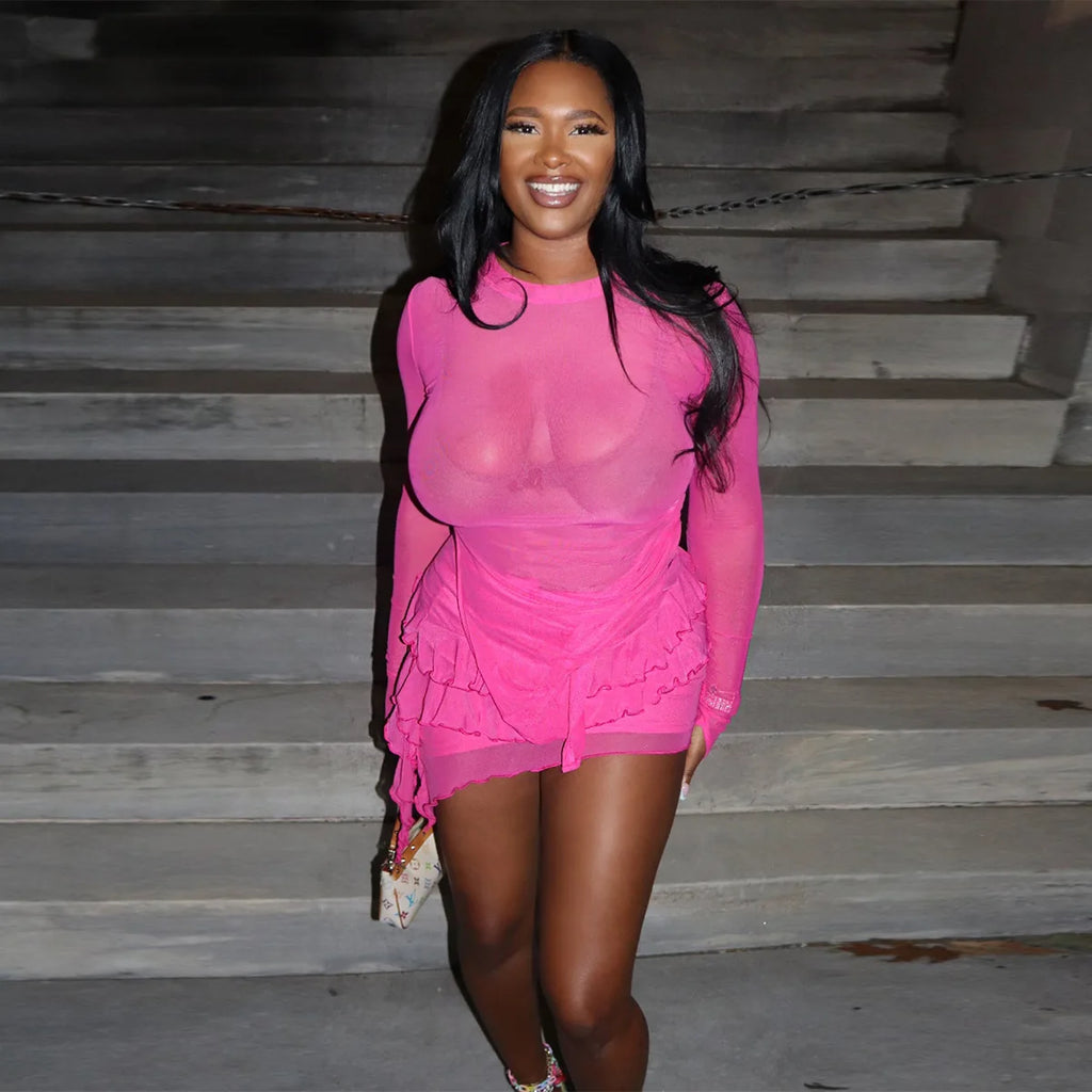 Elegant Mesh 2 Piece Skirt Sets Sexy Crop Tops Shirts Outfit 2023 Fashion Mini Ruffle Dress Sexy Luxury Two Piece Set Clothes