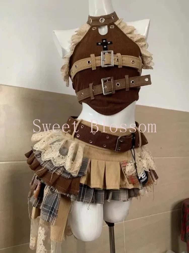 Summer Vintage Elegant Y2K Woman 2 Piece Sets Punk Gothic Strapless Crop Tops +High Waist Ruffle Skirt Female Party Outfits