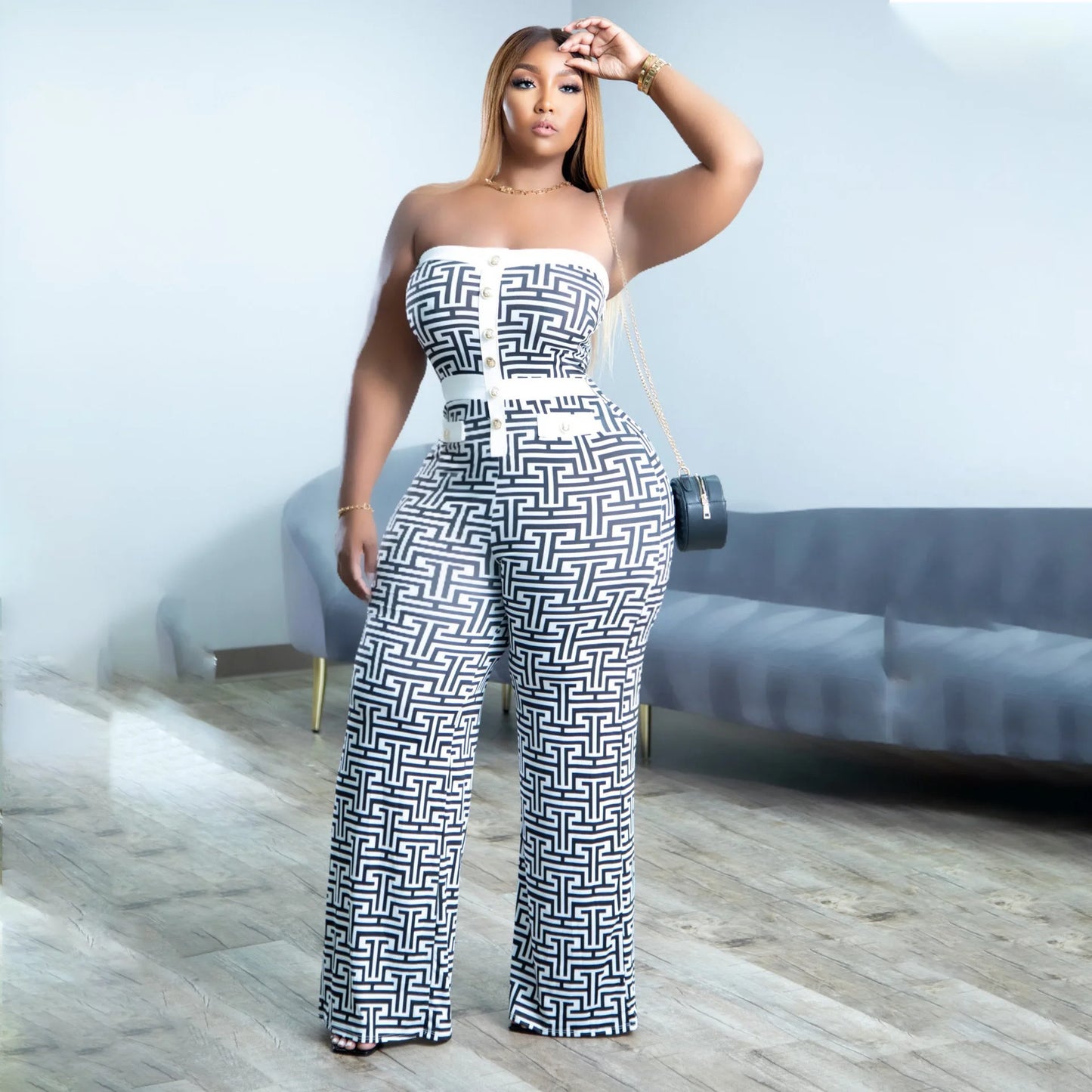 Perl Plus Size Sexy Chest Wrap Patcwork Jumpsuit for Women Loose Wide Leg Romper Summer Outfit One Piece Overall Fashion Clothes