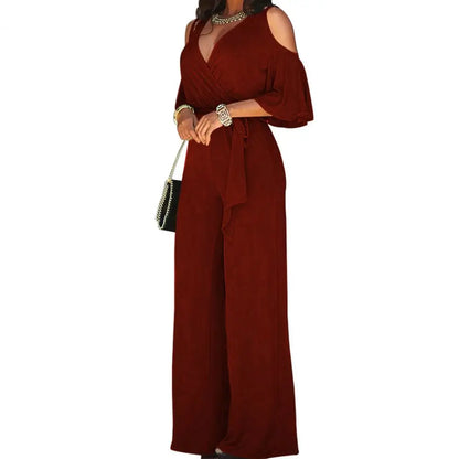 Spring And Autumn Women Jumpsuit Hollowed Out Strapless Solid Color Women Jumpsuit V-neck High Waist Belt Wide-leg Pant