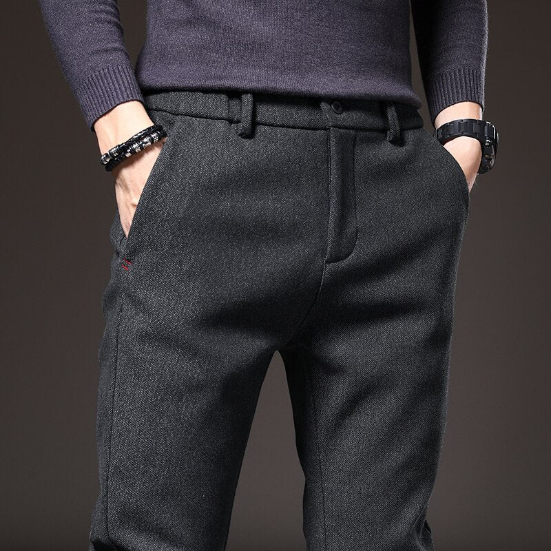 2022 Winter New Men&#39;s Thermal Business Casual Pants Trendy Slim Fit Stretch Thicken Fleece Liner Elegant Cotton Trousers