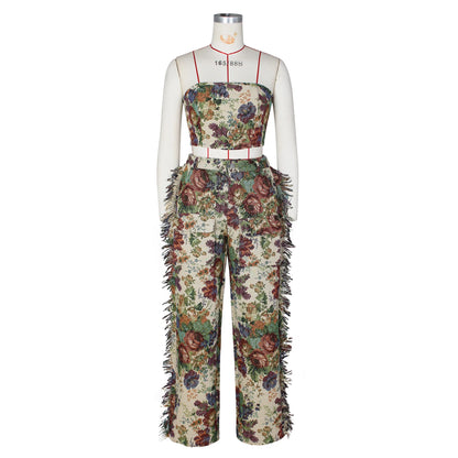 CM.YAYA Fashion Print Women's Set Strapless Top and Wide Leg tassel Pants Summer Cargo Street Two 2 Piece Set Outfit Tracksuit