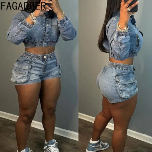 FAGADOER Fashion Denim Elastic Pocket Shorts Two Piece Sets Women Button Long Sleeve Crop Top And Shorts Outfits Female Clothing