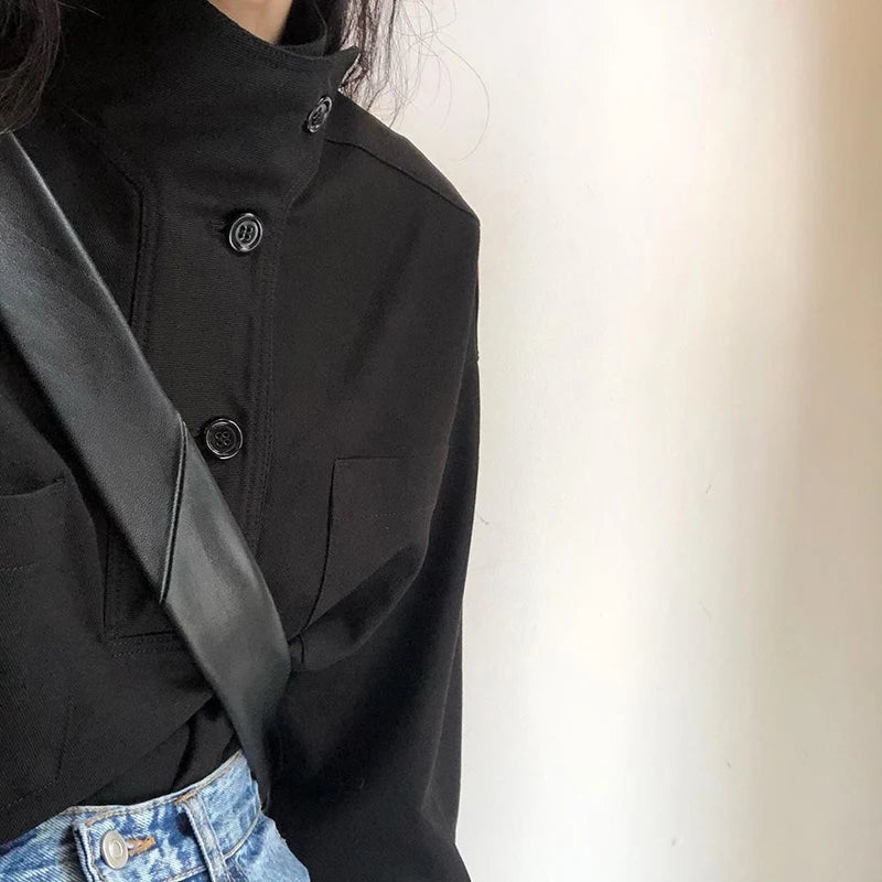 Y2k Harajuku Women Shirts Korean Loose Stand Collar Pockets Female Blouse Autumn Fashion All Match Chic Button Ladies Casual Top