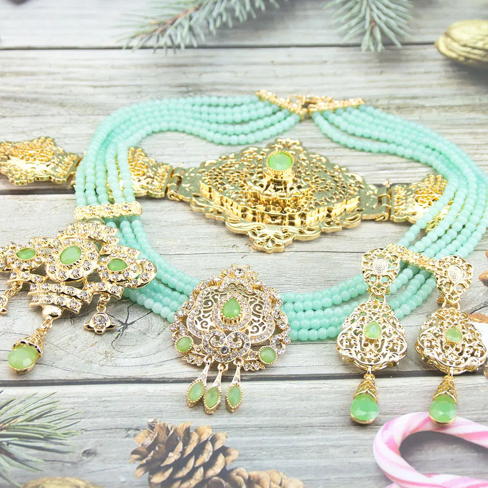 Sunspicems Gold Color Morocco Caftan Belt Waist Chain Women Beads Chain Choker Necklace Long Earring Arab Bridal Wedding Jewelry