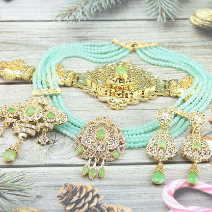 Sunspicems Gold Color Morocco Caftan Belt Waist Chain Women Beads Chain Choker Necklace Long Earring Arab Bridal Wedding Jewelry