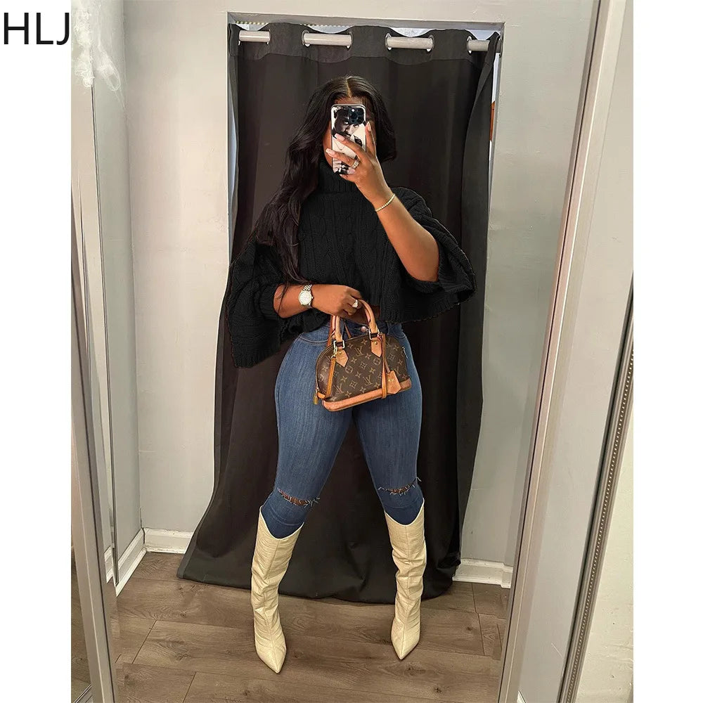 HLJ Fashion Streetwear Women Knit Solid Turtleneck Pullover Casual Long Sleeve Loose Irregular Sweater Autumn Female Clothes Top