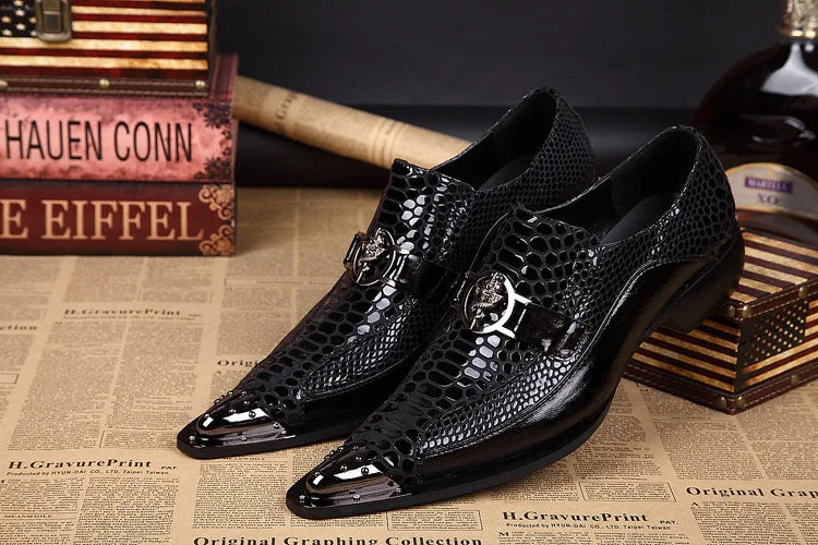 Italienischer Stil Herren Business Schuhe Schwarz Metall Spitz Zehen Schlangenmuster Echtes Leder Schuhe Party Schuhe Herren Flach