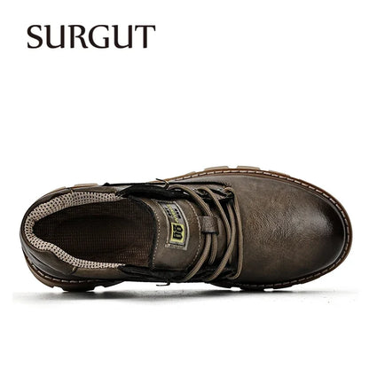 SURGUT Men's Leather Boots  New Ankle Motorcycle Boots Retro Handmade Luxury Lace Up Waterproof Shoes For Men Working Boots