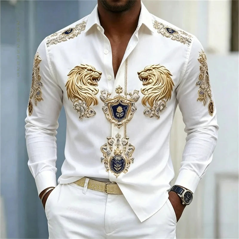 Men's shirt Baroque style shirt Lion head slim fit design long sleeved shirt Business casual street style men's clothing XS-6XL