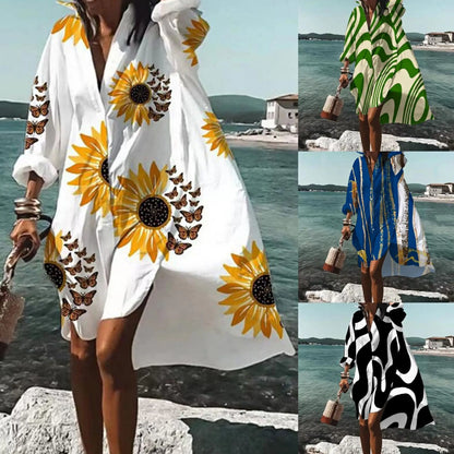 Autumn Dress  New Fashion Leisure Grace Printed Lapel Long Sleeve Loose Party Beach Women Shirt Dresses MsChuh