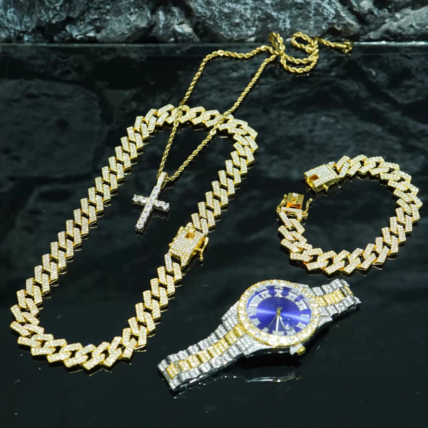 4pcs/set Mens Bling Wrist Watch & Hip Hop Cuban Chain Necklace Set - Rhinestone Accented, Round Dial, Electronic Quartz Movement
