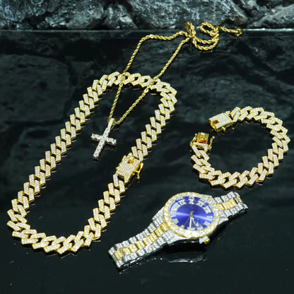 4pcs/set Mens Bling Wrist Watch & Hip Hop Cuban Chain Necklace Set - Rhinestone Accented, Round Dial, Electronic Quartz Movement
