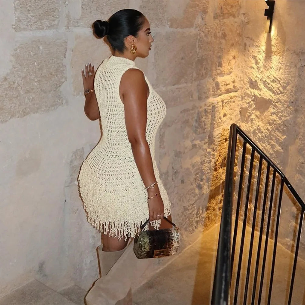 FAGADOER Fashion Tassels Hollow Out Splicing Mini Dresses 2024 Women Round Neck Sleeveless Slim Vestidos Elegant Lady Clothing