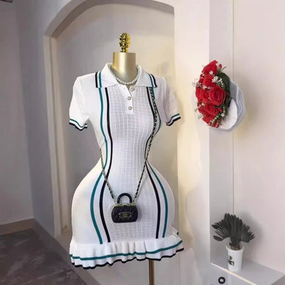 YuooMuoo Chic Fashion Sexy Package Hips Knitted Mini Dress  Summer Vintage Turn-down Collar Ruffled Party Dress Streetrwear