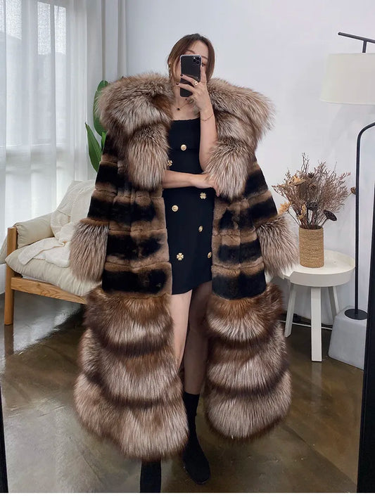 Luxury Oversized Crystal Fox Fur Collar Whole Fur Rex Rabbit Fur Long Fur Coat Loose Coat Autumn And Winter New Style