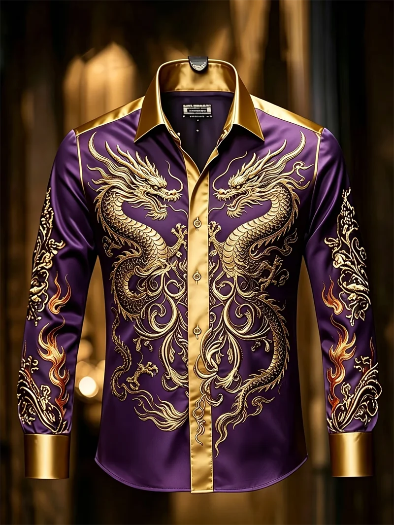 New Purple Bottom Golden Dragon Pattern Printed Men's Long Sleeve Shirt Light Luxury Slimming Business Casual Shirt