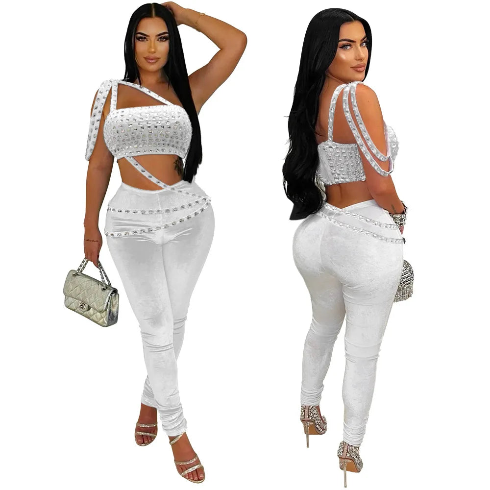 CM.YAYA 2024 Fall Women Set Velvet Diamonds Hot Rhinestones Strapless Top + Pencil Pants Suit Sets Two 2 Piece Set Party Outfits