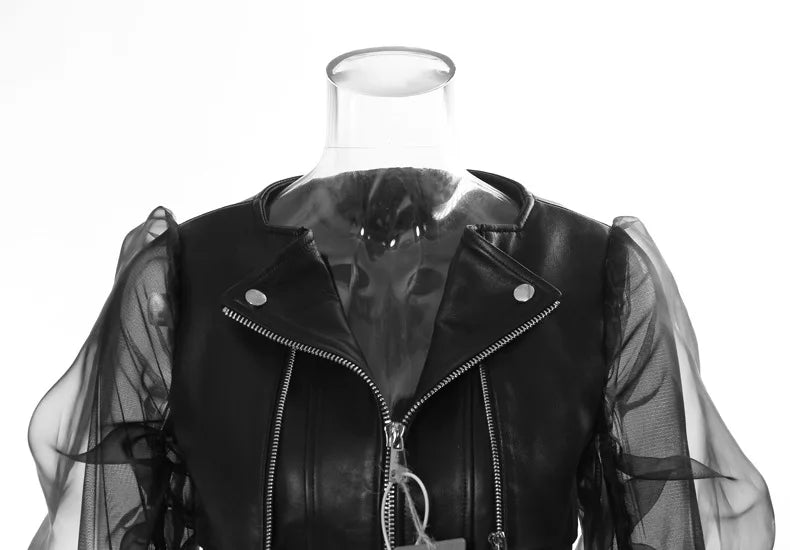 Fashionable and domineering women'sperspective patchwork mesh leather jacket motorcycle rock zipper jacket premium Women's tops
