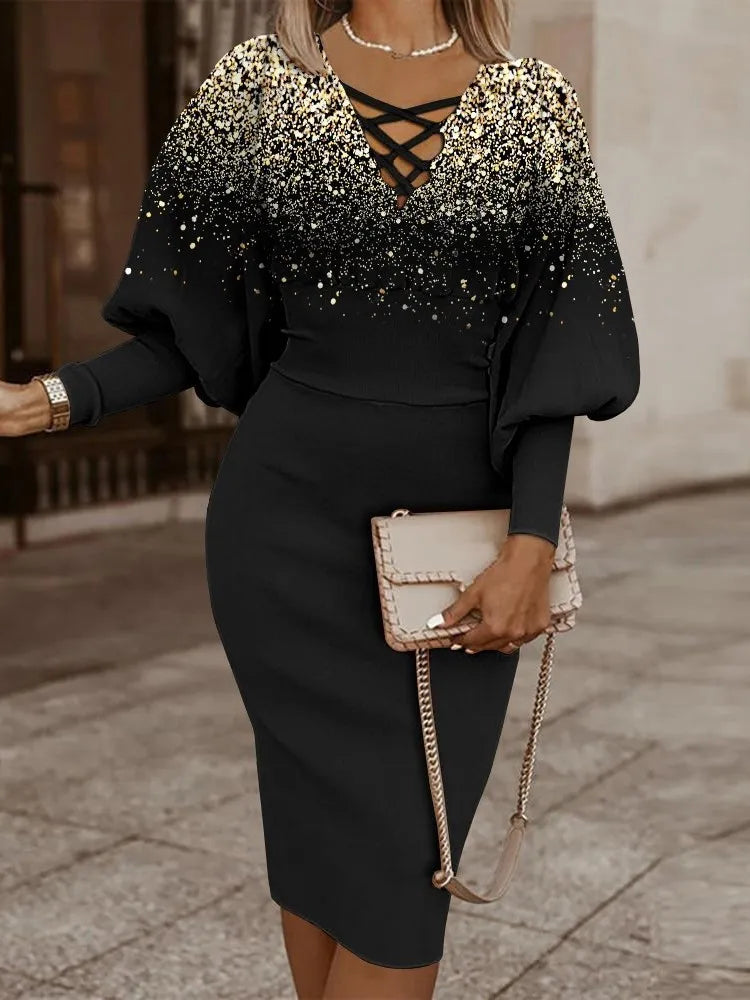 Elegant Long-sleeved V-neck Waist Dress For Women Fashionable Autumn Winter Slim Vintage Printing Hip-covering Dresses Female