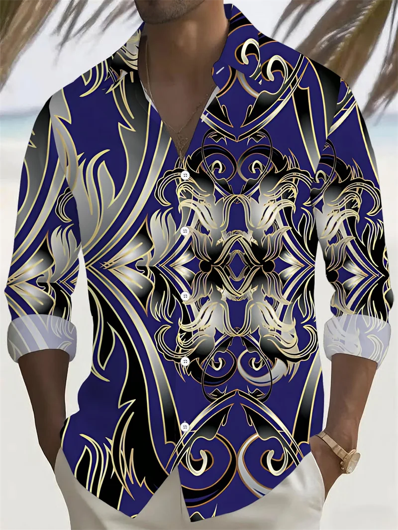 New Colorful Fluid Art Printed Men's Long Sleeve Shirt Trendy Brand Personalized Casual Slimming Shirt