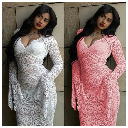 2023 Elegant Lace See Through V-neck Maxi Sexy Dress For Women Summer Chic Longsleeves Hollow Out Slim Floor Dress