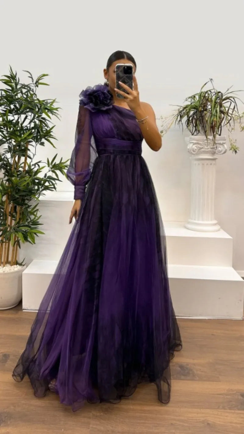2025 Women Evening Dress Off Shoulder Pleated Long Lantern Sleeve Split Hem Maxi Dress Rhinestone Decor High Waist Party Dresses