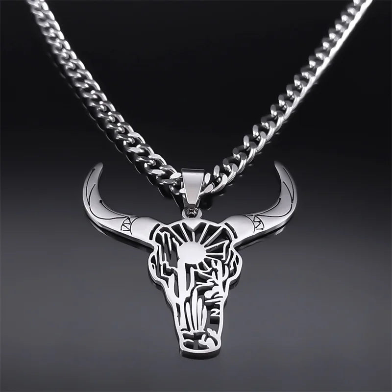 Fashion Bull Head Pendant Animal Cowboy Necklace Women Men Stainless Steel Silver Color Mexican Cow Necklaces Jewelry N3214S03