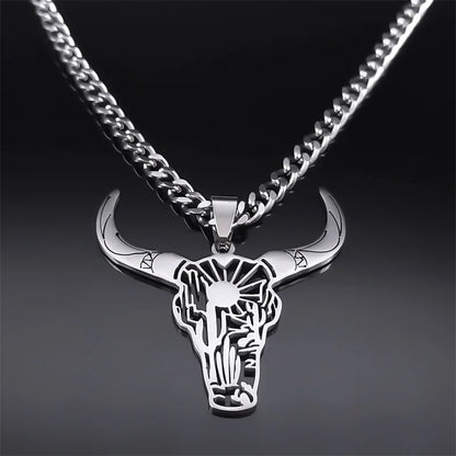 Fashion Bull Head Pendant Animal Cowboy Necklace Women Men Stainless Steel Silver Color Mexican Cow Necklaces Jewelry N3214S03