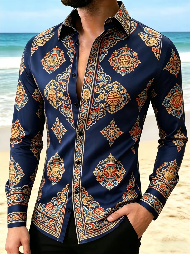 New Colorful Fluid Art Printed Men's Long Sleeve Shirt Trendy Brand Personalized Casual Slimming Shirt