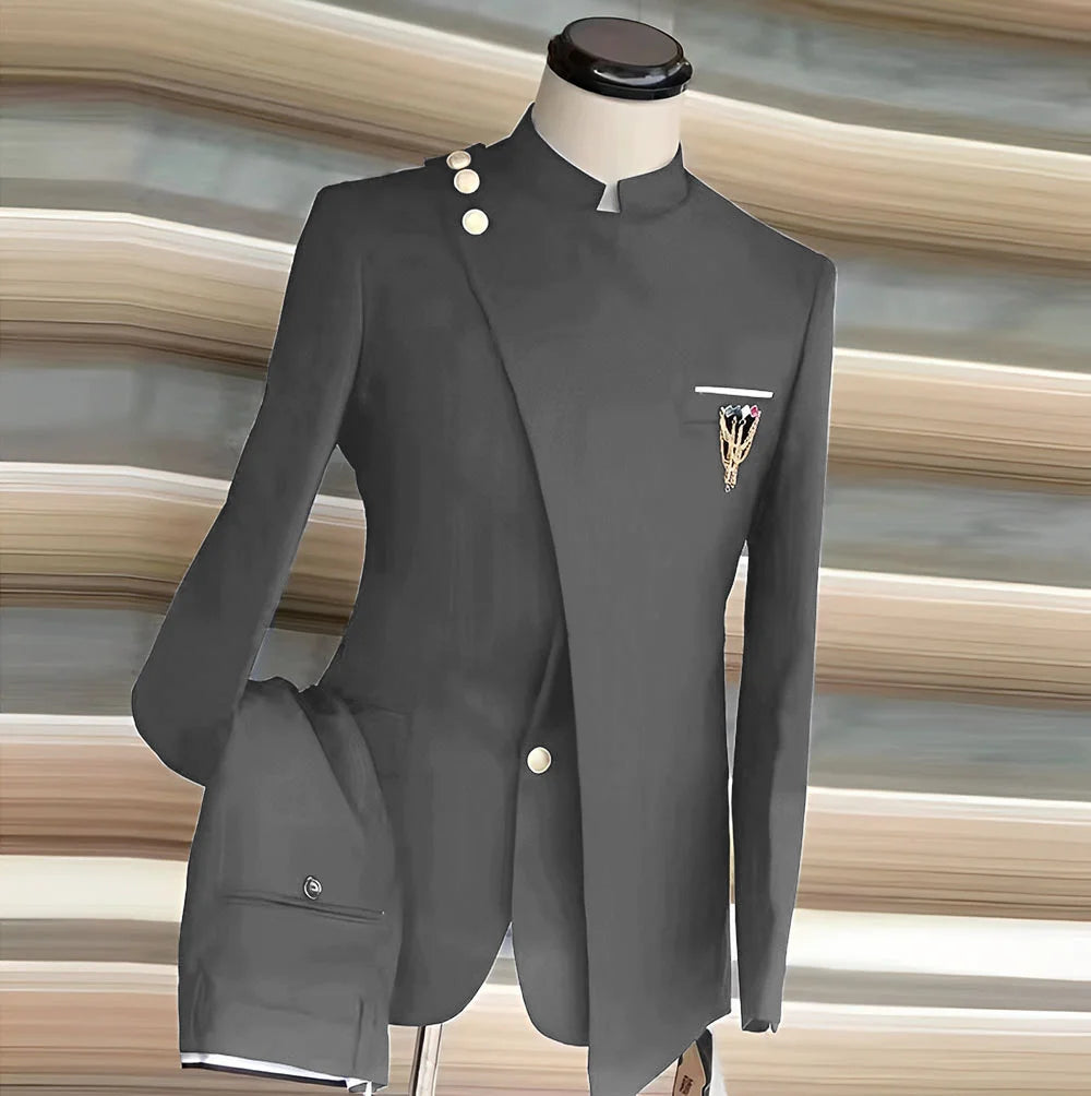 African Style Men's Suit 2 Piece Set Single Breasted Blazer Groom Wedding Tuxedo Gold Button Design Formal Jacket Pants 2 Piece