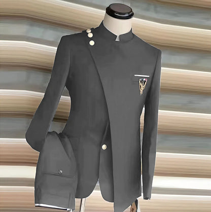 African Style Men's Suit 2 Piece Set Single Breasted Blazer Groom Wedding Tuxedo Gold Button Design Formal Jacket Pants 2 Piece