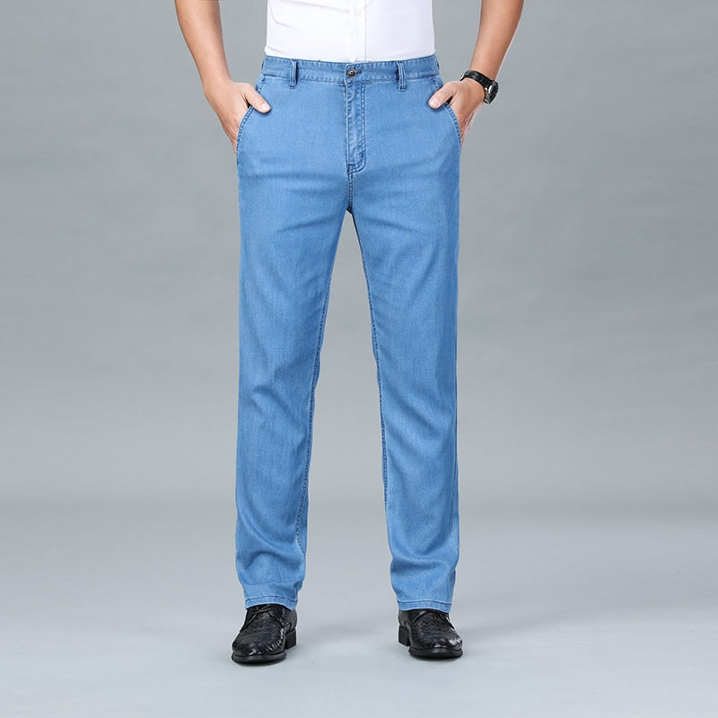 New Spring 2023 Men&#39;s Light Blue Stretch Straight Jeans Business Casual Denim Pants Modal Fabric Trousers Male Brand