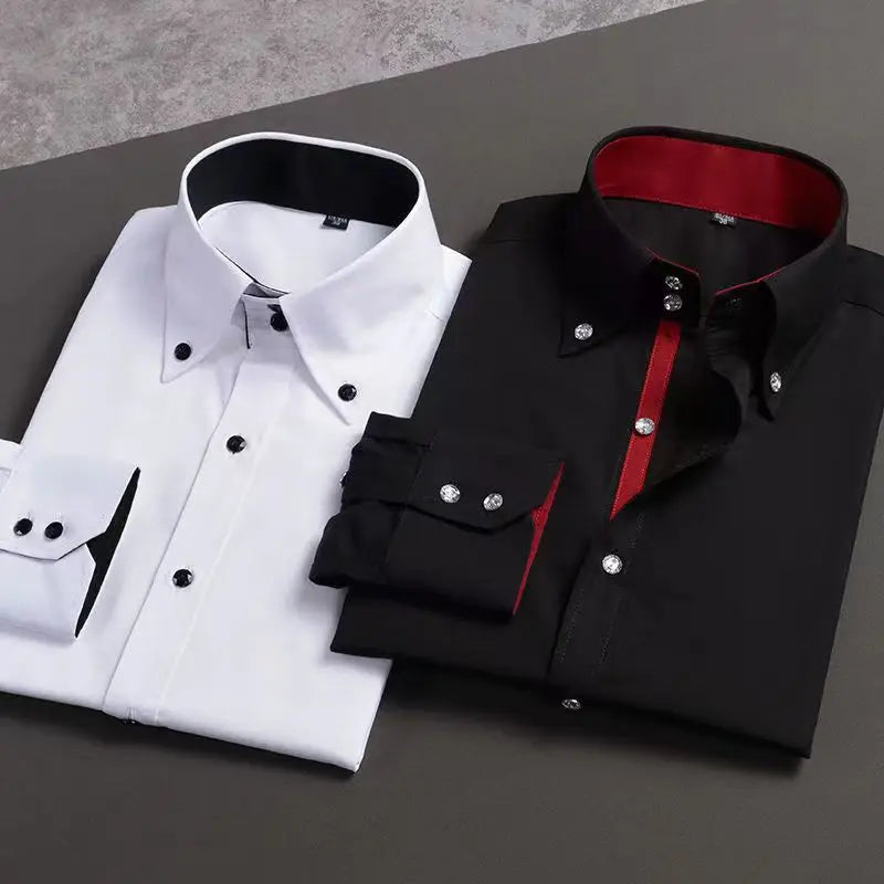 Fashionable White Shirt for Men，Casual Slim Fit with Long Sleeves and Drill Buckle Turtleneck Dress Shirt Korean Size M-3XL 4XL