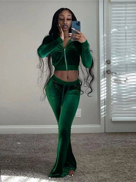 Kliou Solid Velour Two Piece Set Women Simple Casual Zipper Long Sleeve Turtleneck Top+Bandage Lace Slim Female Wide Leg Pants