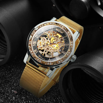 WINNER Classic Retro Mechanical Watches Luxury Iced Out Blue Skeleton Watch for Men Luminous Hands Mesh Stainless Steel Strap