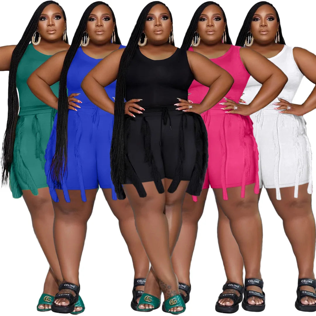 Plus Size Women Fashion Two Piece Set Knitted Bodysuit Top Tassel Shorts Casual Streetwear Female Tracksuit 2023 Spring Clothing