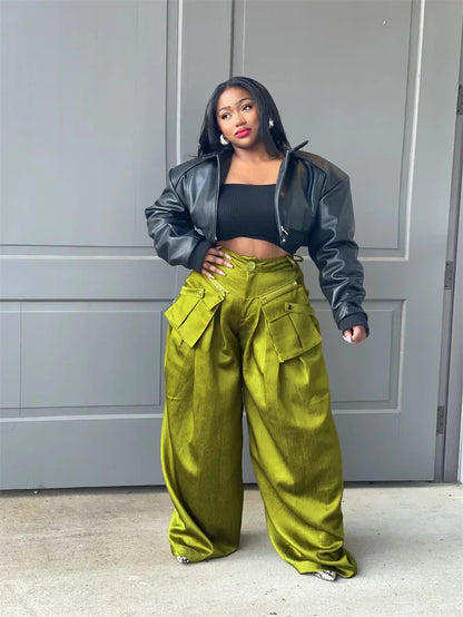 Solid Color Multi-pocket Loose Pants Women High Street Wide Leg Pants Straight High-waisted Oversized Y2K Trousers Pantalones